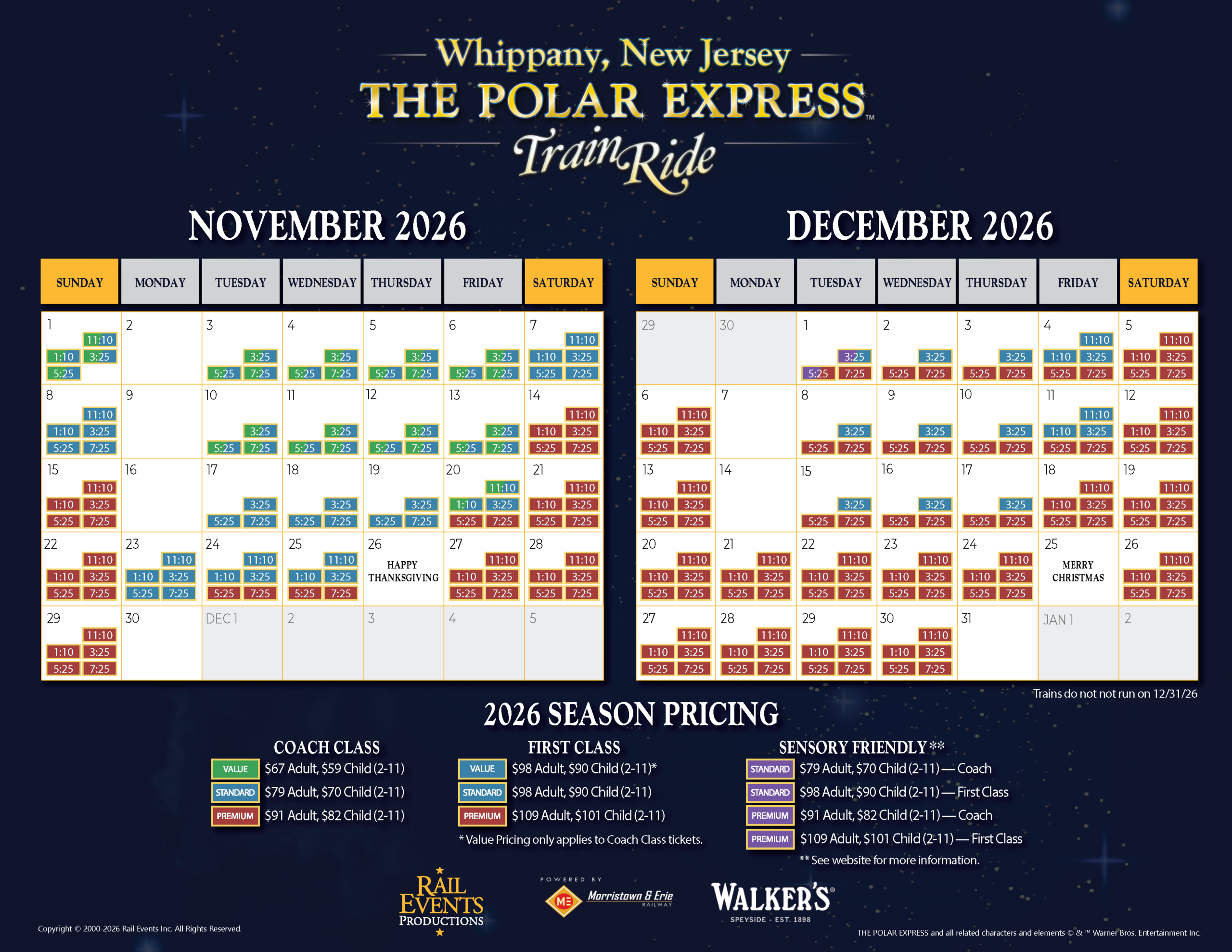 2026 THE POLAR EXPRESS™ Train Ride Whippany, NJ Schedule and Pricing Calendar